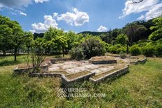 Fontaine à sec au milieu du parc envahi par la végétation du sanatorium abandonné